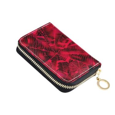 Imagem de Carteira feminina com porta-cartões com bloqueio de RFID, carteira de couro pequena para moedas com zíper, teia de aranha vermelha, brilhante escura