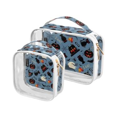 Imagem de GAIGEO Conjunto de bolsas de maquiagem transparentes com esqueletos engraçados, abóboras, transparente, bolsa de maquiagem, bolsa de higiene para mulheres, transparente, pacote com 2, Tema de