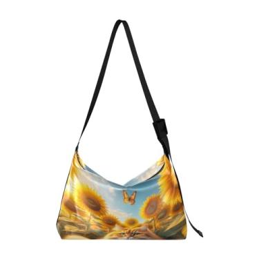 Imagem de GAIGEO Linda bolsa de ombro com zíper e bolsos, bolsa de ombro de couro macio para mulheres, Lindo gato laranja sentado entre girassóis, One Size