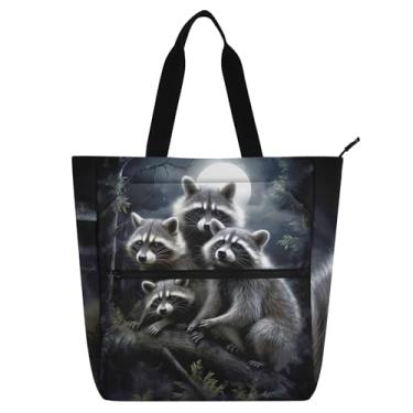 Imagem de GAIGEO Bolsa feminina Raccoons Moonlight para trabalho, lona, praia, livro, com zíper, bolsas para professores e compartimentos