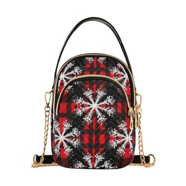 Imagem de GAIGEO Bolsa tiracolo xadrez vermelha e preta e flocos de neve com alça removível, bolsa transversal feminina, Xadrez vermelho e preto e flocos de neve, One Size