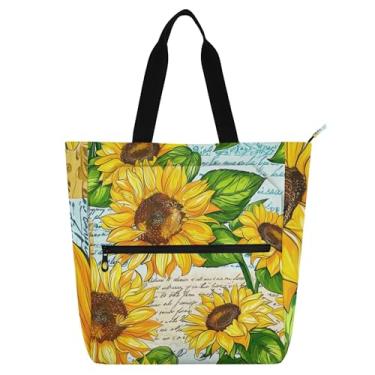 Imagem de GAIGEO Sacolas femininas vibrantes de girassóis e folhas verdes para trabalho, lona, praia, livros, zíper, bolsas fofas com compartimentos