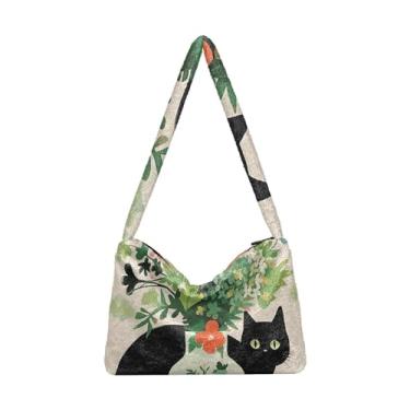 Imagem de Bolsa feminina branca fofa de papel verde, bolsa de ombro nas axilas, bolsas de livro para mulheres, Pintura decorativa de gato vaso verde, One Size