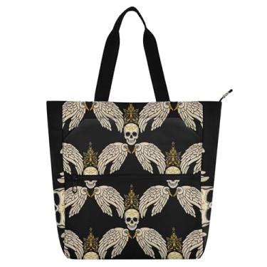 Imagem de GAIGEO Bolsa de trabalho feminina com asas de caveira preta, lona, praia, escola, bolsa para uso diário, amantes de livros