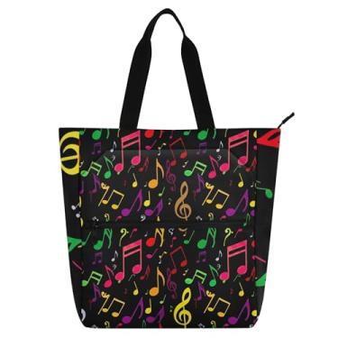 Imagem de GAIGEO Sacola colorida com notas musicais para crianças, mulheres, escola, trabalho, professores, amantes de livros, bolsa de ombro utilitária com zíper