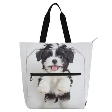 Imagem de GAIGEO Linda sacola preta com estampa de cachorrinho para crianças, mulheres, escola, trabalho, viagem, zíper, bolsa de lona média