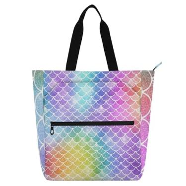 Imagem de Sacolas femininas coloridas para trabalho com escamas de peixe arco-íris com zíper, bolsa de praia, reutilizável, presente para amantes de livros