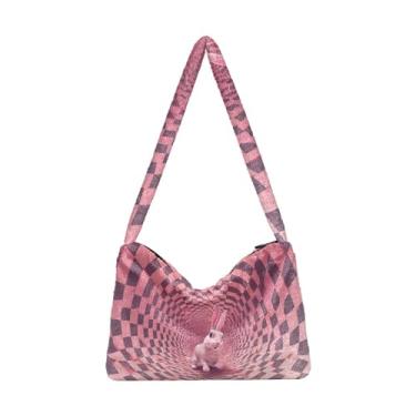 Imagem de Bolsa de ombro feminina de gato preto com desenho decorativo, sacola com fecho de zíper, bolsas de ombro femininas, Coelhinho quadrado preto branco rosa, One Size