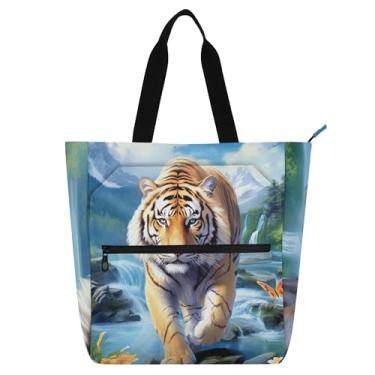 Imagem de GAIGEO Bolsa de trabalho com cenário de tigre majestoso para mulheres, bolsa de lona para escola, praia, presente para amantes de livros