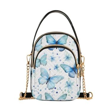 Imagem de Bolsa transversal feminina floco de neve com flocos de neve voando no céu, bolsa pequena com alça de ombro para mulheres, Borboletas azuis em branco-6, One Size