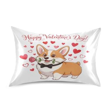 Imagem de Wassud Happy Dog com Rosa Dia dos Namorados Fronha de Cetim para Cabelo e Pele Fronhas de Seda Lisa Tamanho Padrão Capas de Travesseiro Respiráveis com Fecho de Envelope