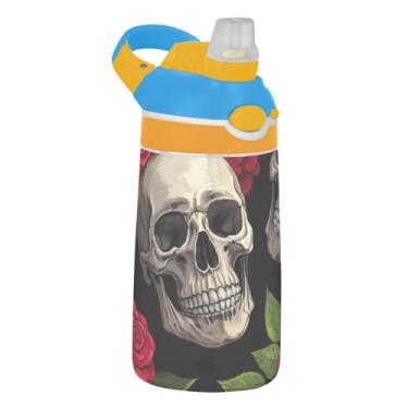 Imagem de Garrafa de água infantil Skulls Red Vintage Roses Black 473 ml Tritan garrafa de água de plástico à prova de vazamento com tampa de canudo 473 ml copo infantil portátil reutilizável, alça de
