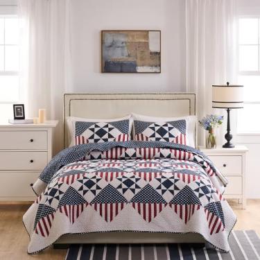 Imagem de NIUDÉCOR HOME Conjunto de colcha Star Patchwork Cal King Size Country 100% algodão, reversível, respirável, geométrico, acolchoado, com fronhas para todas as estações