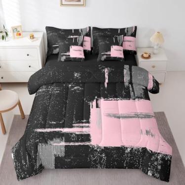 Imagem de Conjunto de cama King abstrato preto e rosa, 7 peças, inclui edredom, fronhas e fronhas para decoração de quarto, arte listrada moderna, conjunto de edredom geométrico, xadrez, microfibra macia