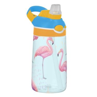 Imagem de Garrafa de água infantil Tritan de 473 ml à prova de vazamento 473 ml com canudo copo infantil portátil reutilizável, alça de transporte, flamingos elegantes rosa azul