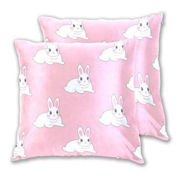 Imagem de Joitme Conjunto de 2 capas de almofada fofas coelhinhas brancas coelho rosa, capa de almofada fofa para sofá-cama, decoração de casa, 45 x 45 cm, 2 peças