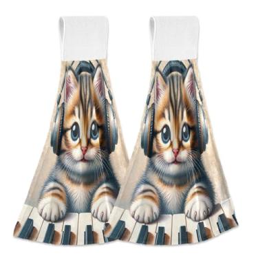 Imagem de Joitme Toalhas de mão penduradas gatinho fofo gato piano pacote com 2 panos de prato decorativos com gancho mágico, lã coral macia absorvente cozinha banheiro panos de prato decorativos