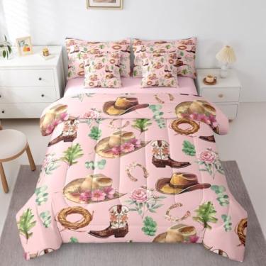Imagem de Conjunto de edredom de casal com chapéu de bota ocidental, para meninas adolescentes – conjunto de cama de 7 peças com ferradura e ferradura boho, rosa, boêmio, folhas fofas, botânica, floral