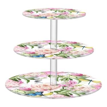 Imagem de Lindas peônias florais rosa, 3 camadas, suporte de cupcake para chá para festa de chá, copo de acrílico, torre de bolo, decoração de festa de chá, bandeja de servir, suporte de comida, formatura