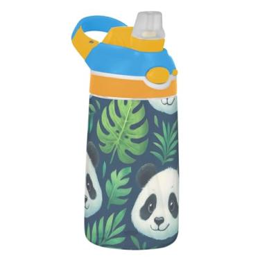 Imagem de Linda garrafa de água esportiva infantil com folhas tropicais de panda verde para escola, garrafa de água Tritan de 473 ml com canudo, copo infantil reutilizável portátil, alça de transporte
