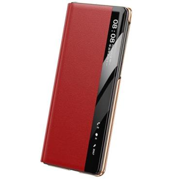 Imagem de LTLMYDAM Capa de couro genuíno para Huawei Mate X7, Smart View Flip Plating Case Luxuoso Fecho Magnético Capa completa, Vermelho, X7