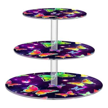 Imagem de Borboletas coloridas roxas 3 camadas suporte de cupcake para festa exibição de acrílico copo torre de bolo decoração de mesa de casamento bandeja de servir comida suprimentos de festa flores