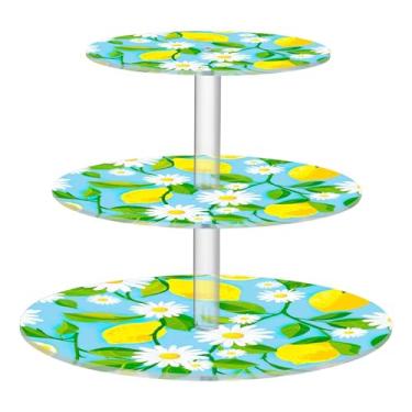 Imagem de Suporte de cupcake para festa de chá, 3 camadas, margaridas brancas, limões amarelos, copo de acrílico, exibição de torre de bolo, suporte para festa e sobremesa, organizador de bandeja