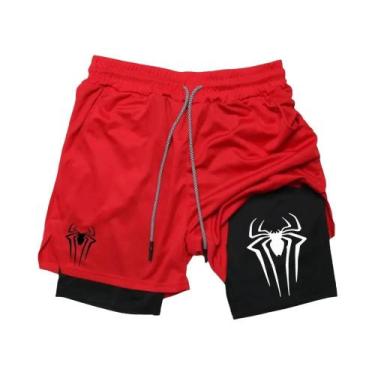 Imagem de Shorts Esportivos Masculinos Com Estampa De Aranha, Compressão 2 Em 1,