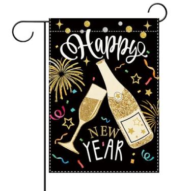 Imagem de Terkki Feliz Ano Novo 2026 Bandeira decorativa de jardim, fogos de artifício de champanhe em ouro preto, decorações externas para quintal, Natal, inverno, glitter, pontos, serapilheira ao ar livre