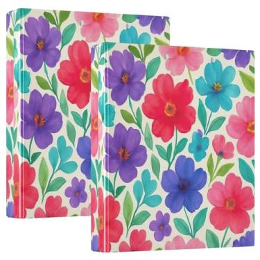 Imagem de Fichários de 3 anéis de flores coloridas personalizadas de 3 cm comporta 200 folhas, 3 pastas de anéis, fichário de escritório de anel redondo, 31,5 x 27 x 6 cm, pacote com 2
