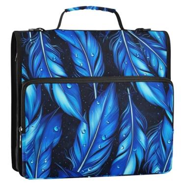 Imagem de Pastas de 3 anéis de penas azuis vibrantes pretas de 3 cm, organizador de fichários com zíper, bolsa escolar com alça de ombro, fofa, vários bolsos, pasta grande para portfólio