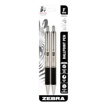 Imagem de Zebra Pen 29212 Zebra F-402 Ballpoint Stainless Steel Retractable Pen, Fine Point, 0.7mm, Black Ink, 2-Count
