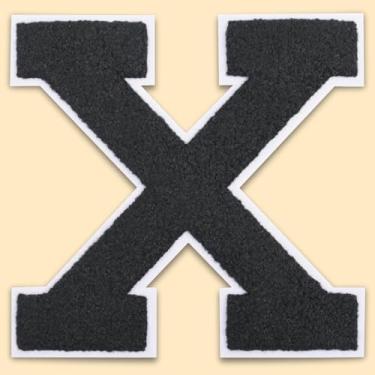 Imagem de QianSiLi Remendos de letras universitárias de chenille preto de 11 cm, letras grandes para jaquetas Letterman, moletons com capuz, mochilas, coletes, roupas, adesivos individuais de letra X