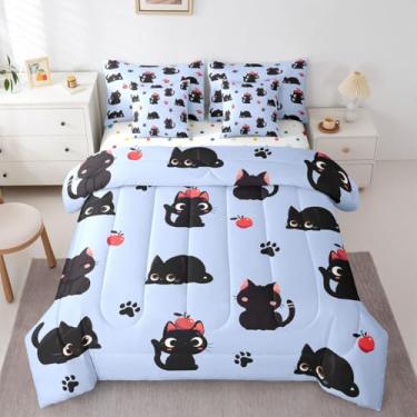 Imagem de Erosebridal Jogo de cama solteiro de gatos pretos fofos com estampa de pata Kawaii, para crianças, meninas, adolescentes - Conjunto de cama de 7 peças com estampa de pata de gato kawaii