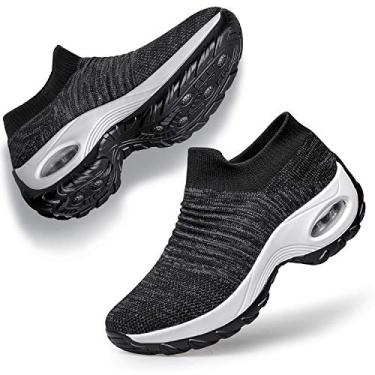 Imagem de Tênis de caminhada feminino YHOON - Tênis de meia sem cadarço plataforma de malha acolchoado a ar sapatos atléticos trabalho enfermeira confortável, Black-2, 7