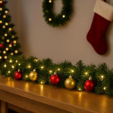 Imagem de Festao Natal Decoração Kit Completo 2,7m Festão Aramado + 10m Fio de Fada + 30 Bolinhas Decoração Natal