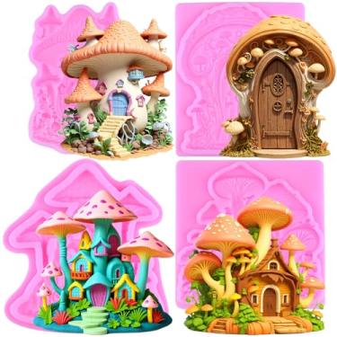 Imagem de MIYAHOUSE Mushroom House Moldes de fondant para decoração de bolos, topo de cupcake, pasta de goma de chocolate, argila de polímero, conjunto de 4