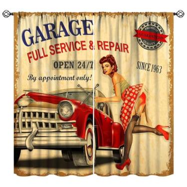 Imagem de YCness Cortinas de carro vintage década de 1950 retrô carro garagem menina arte impressa cortinas de janela para quarto sala de estar cozinha decoração tecido 2 painéis 42x15 polegadas 30% taxa de