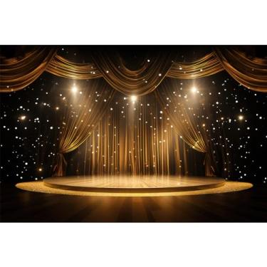 Imagem de Palco pódio cenário dourado palco cortina holofotes cintilantes teatro fotografia fundo salão casamento tapete dourado holofote celebração festival festa decoração pano de fundo 3,7 x 2,4 m