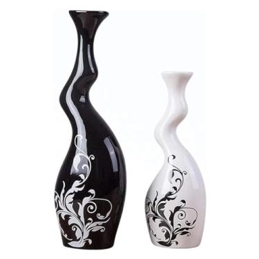 Imagem de Vaso decorativo de cerâmica, feito à mão, escritório, TV, armário, mesa de jantar, conjunto de decoração (um conjunto de 2 garrafas pretas e brancas), decoração de casa
