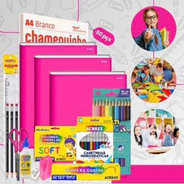 Imagem de Kit Escolar Completo, 60 Peças, Material Escolar para Ensino Infantil e Fundamental, Inclui Cadernos, Lápis de Cor, Massinha de Modelar, Tinta Guache