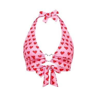Imagem de Top Cropped Sem Mangas Com Estampa De Coração Rosa, Estilo Kawaii, Bra