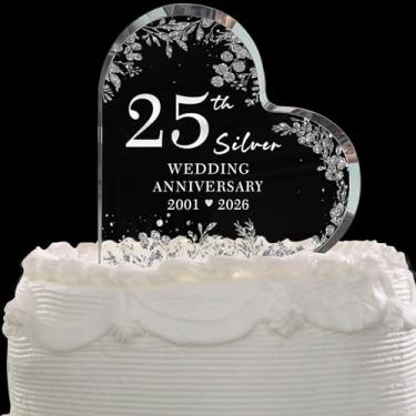 Imagem de Topo de bolo de prata 25º aniversário de casamento, bloco de acrílico de coração de folhagem prata transparente, decoração de bolo elegante "25 anos" e presente de lembrança para casais (10 cm)