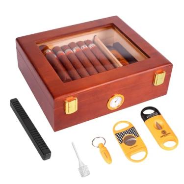 Imagem de Caixa de umidificador de charuto de mesa, umidificador de charuto de vidro com higrômetro, umidificador, umidificador de cedro espanhol com cortadores de charutos e perfurador, caixa de charutos de