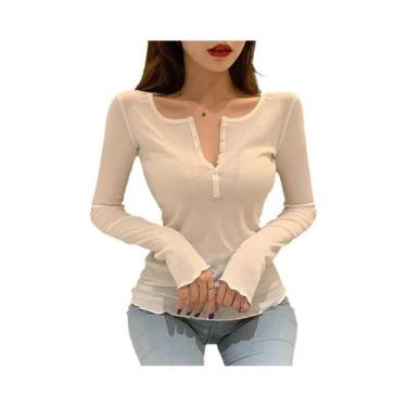 Imagem de Camiseta Feminina De Algodão De Manga Longa Slim Fit Moda Coreana Top 