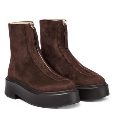 Imagem de BeeLg Bota feminina plataforma cano curto Chelsea bota de outono com zíper frontal de couro de combate, Camurça marrom escuro, 4.5 UK