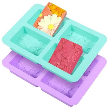 Imagem de 2 moldes retangulares de flores, 4 moldes de sabão artesanais de silicone cavidade, molde retangular para fazer bolos, reutilizável resistente ao calor para velas de chocolate, resina e artesanato DIY