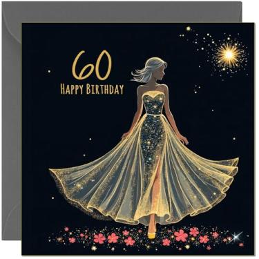 Imagem de Lindo cartão de aniversário de 60 anos para mulheres preto e dourado design de vestido silhueta - cartão de aniversário elegante feminino para 60 anos de idade sessenta e sessenta anos
