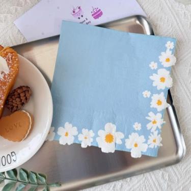 Imagem de Besalily Guardanapos de papel floral margarida 20 unidades descartáveis guardanapos de jantar decorativos primavera férias casamento aniversário guardanapos papel (azul)