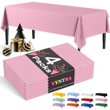 Imagem de Vyntra Toalhas de mesa descartáveis de plástico rosa, retângulo de 137 x 262 cm, pacote com 4 – capas de mesa de festa para aniversário, casamento, formatura e chá de bebê – impermeável, à prova de